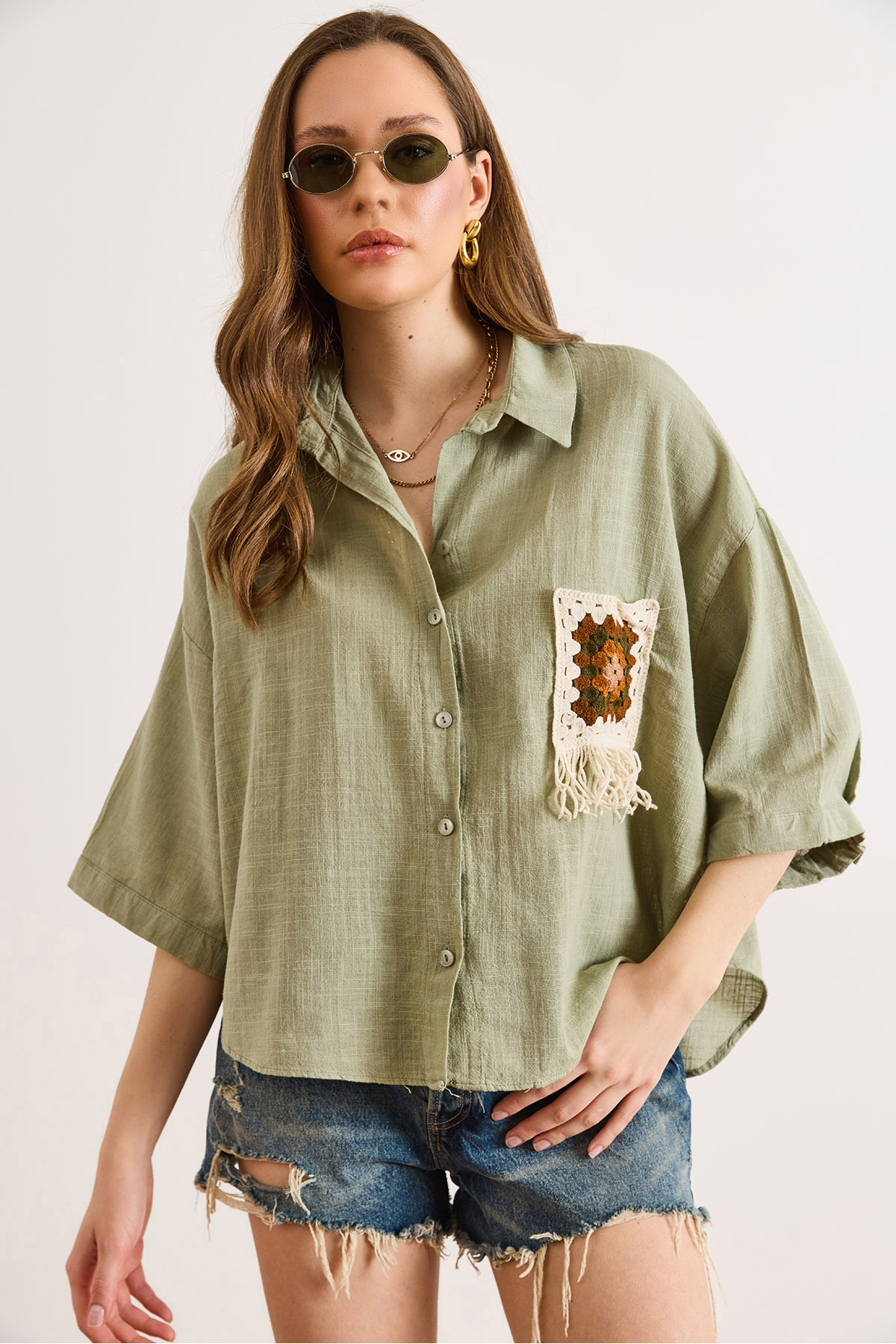 Women's Khaki Pocket Detailed Wide Sleeve Wash Linen Content ShirtGML-19001353