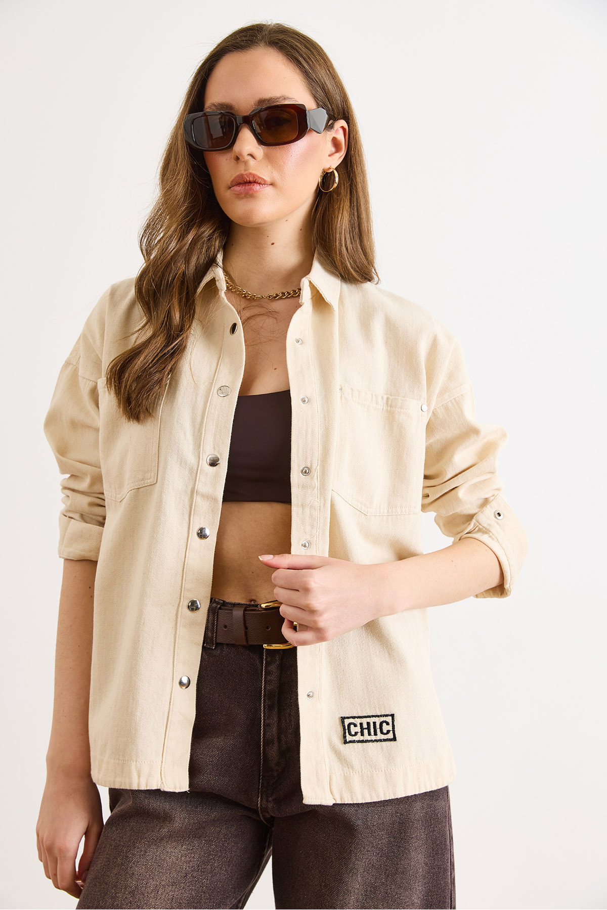Olalook Kadın Krem Nakışlı Gabardin Gömlek GML-19001449 görsel 4