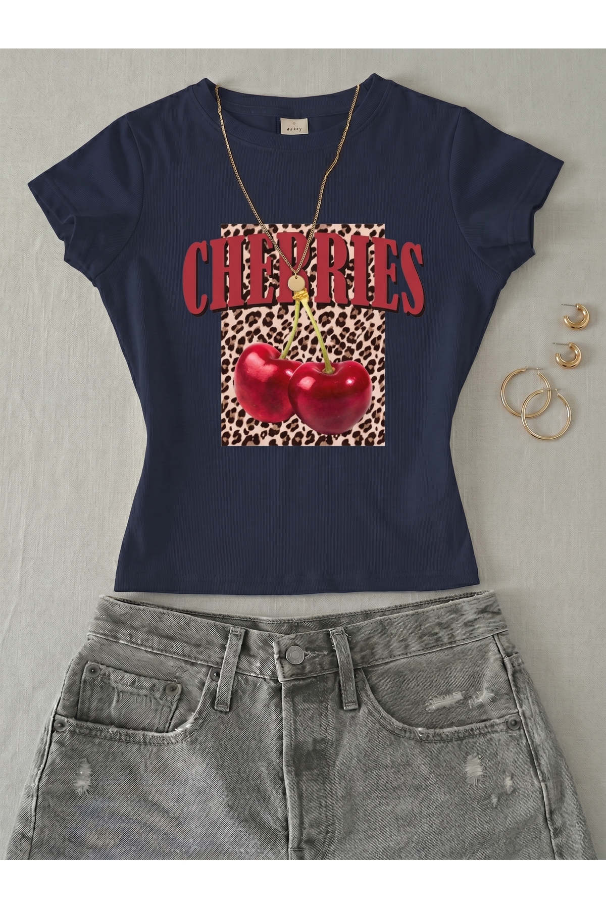 Women's Cherries Leopard Printed-Lycra Short Sleeve Body Tee Crop