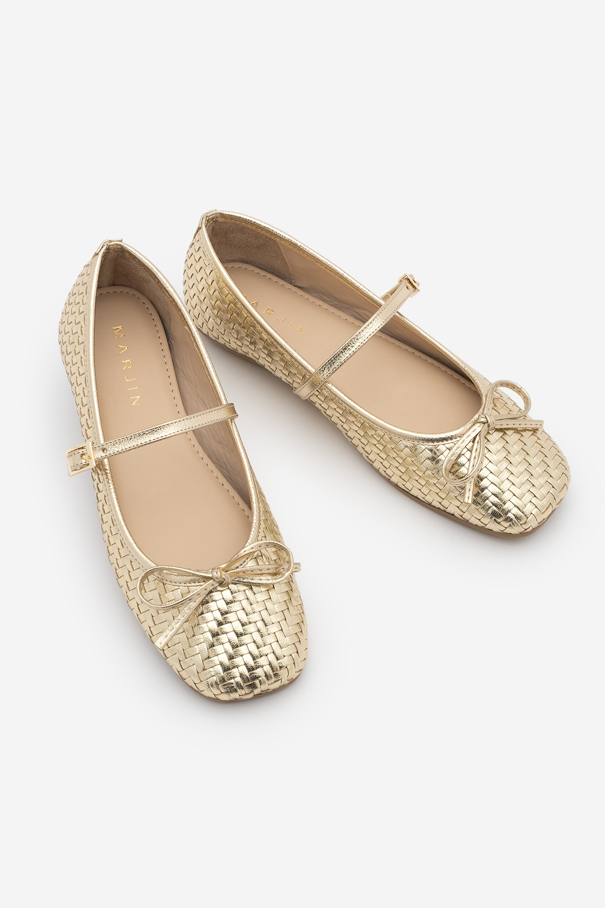 Women's Butt Nose Bow Detailed Banded Knit Pattern Mary Jane Casual Flats Teyra Gold