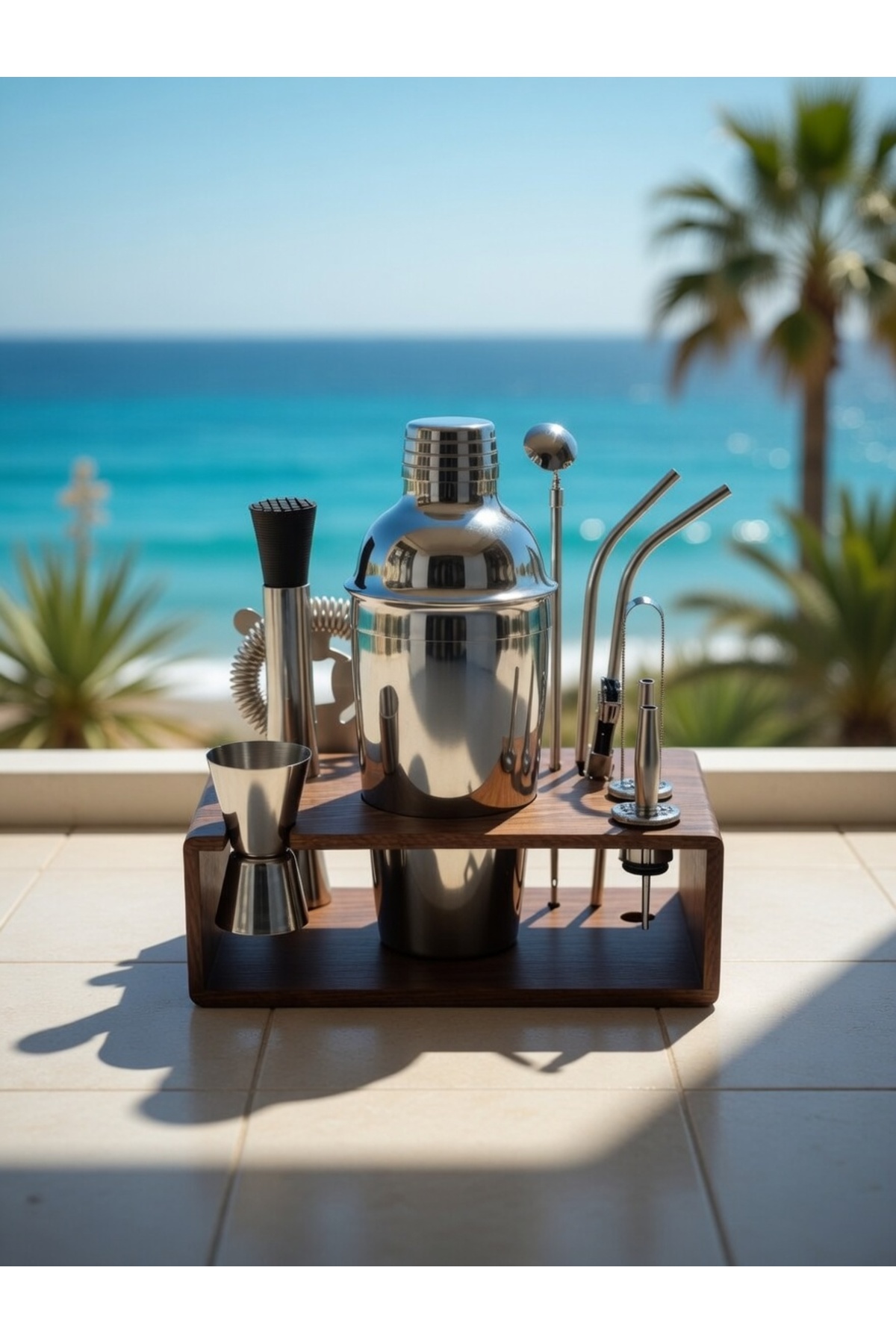 Professional Cocktail Preparation Set - 12 Pieces 750 Ml Shaker with Dark Wood Stand