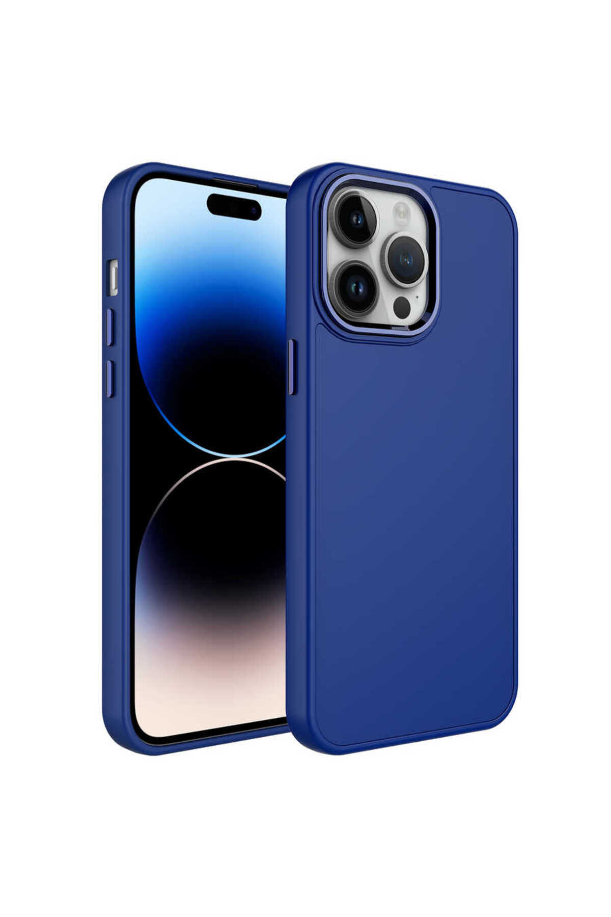 iPhone 14 Pro Max Uyumlu Metal Çerçeve ve Buton Tasarımlı Silikon BRSA Luna Kılıf-Lacivert
