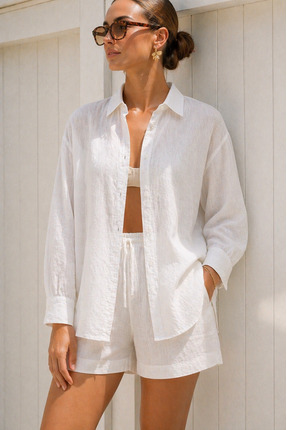 The Cotton Kadın Tam Beyaz Keten Düşük Kollu Loose Fit Gömlek