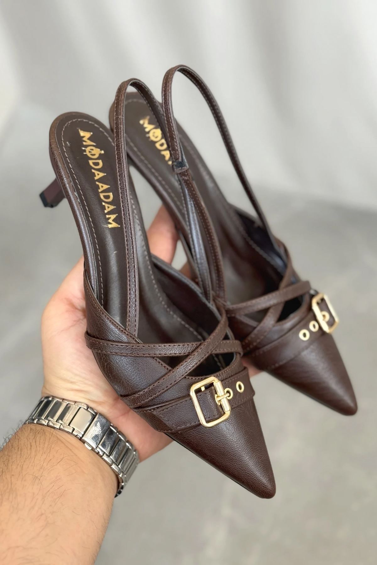 GOFFSHOES Kadın Paris İnce Kısa Topuklu Ayakkabı - Kahve-Deri görsel 2