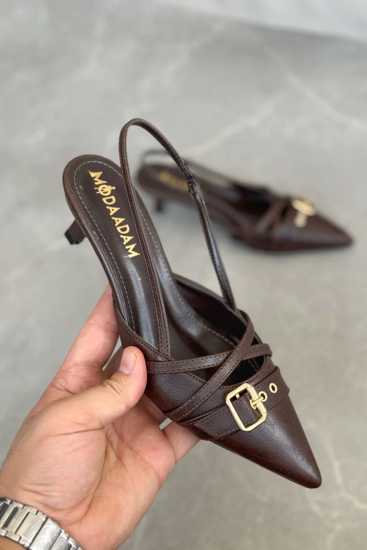 GOFFSHOES Kadın Paris İnce Kısa Topuklu Ayakkabı - Kahve-Deri görsel 4