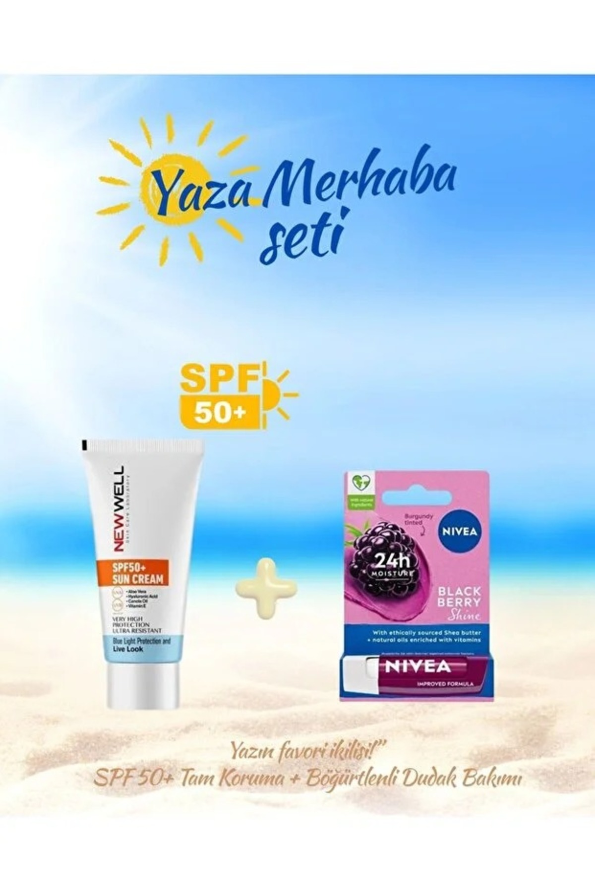 SPF 50+ Mavi Işık Koruyucu Güneş Kremi + Böğürtlenli Dudak Bakım Seti — 3333