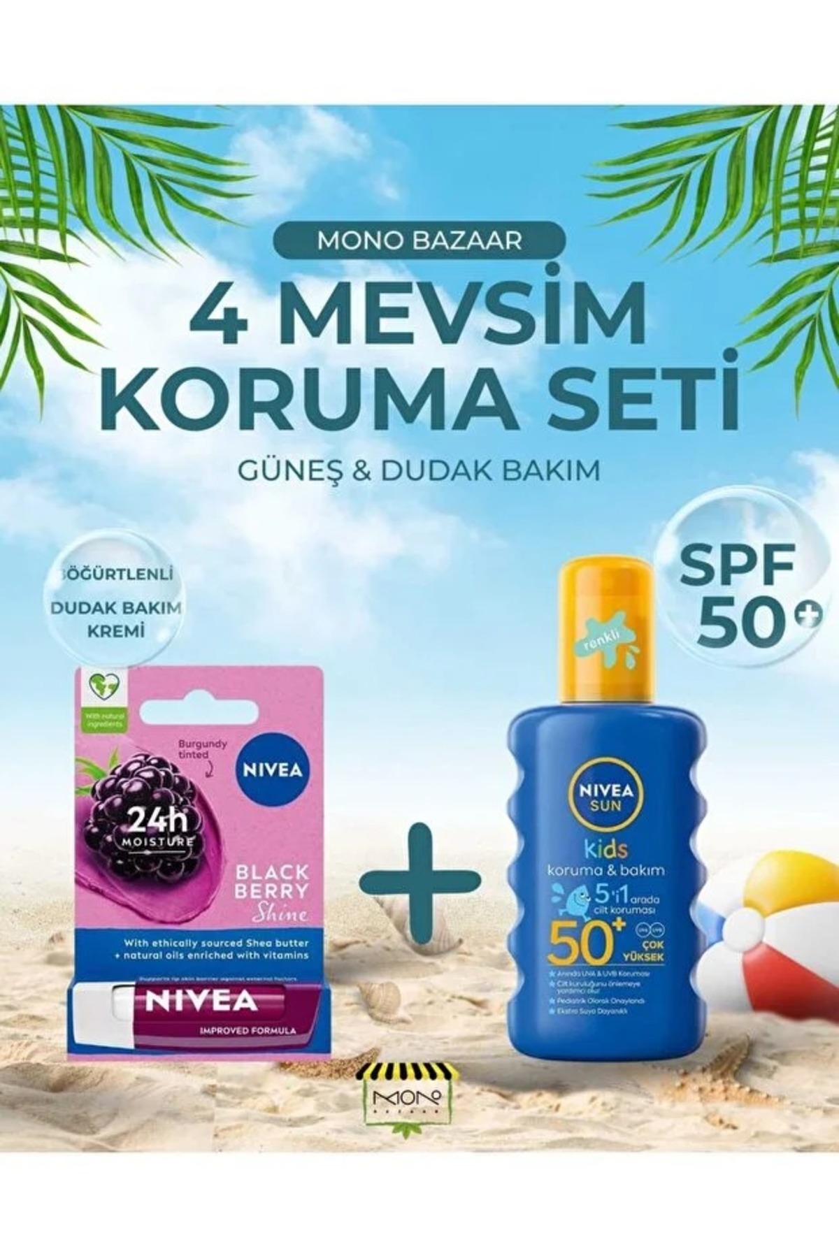 4 Mevsim Tam Koruma Seti: Sun Çocuk Güneş Kremi SPF 50+ ve Dudak Kremi — 5555