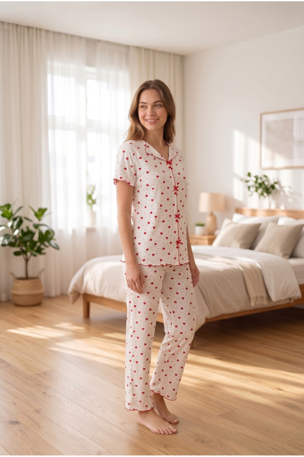 Women's Red Heart Soft Silky Texture Comfortable Fit Short Sleeve Pajamas Set