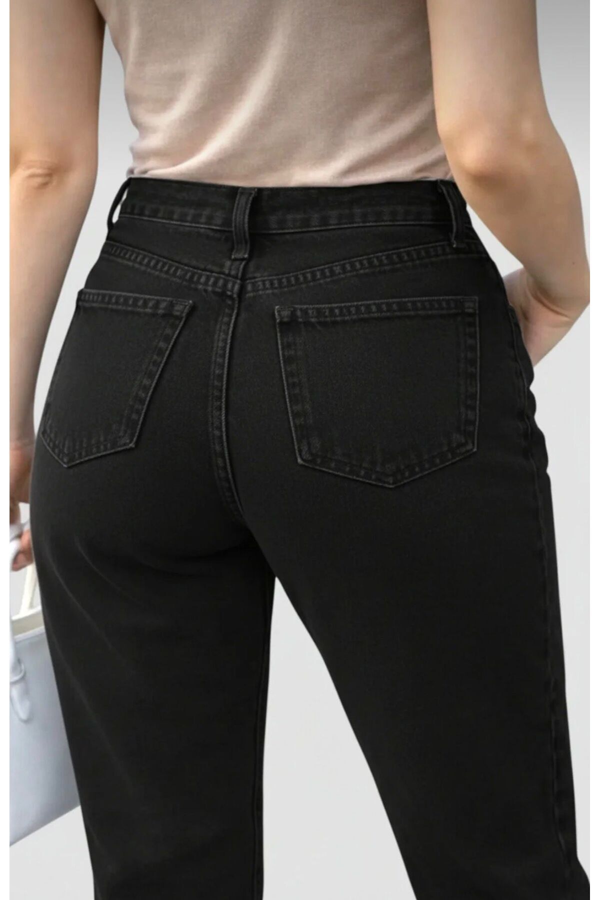 ON KLEEM Yüksek Bel SİMSİYAH Mom Boyfriend Kadın Jeans Pantolon l Rahat Kalıp l Denim l SİYAH görsel 2