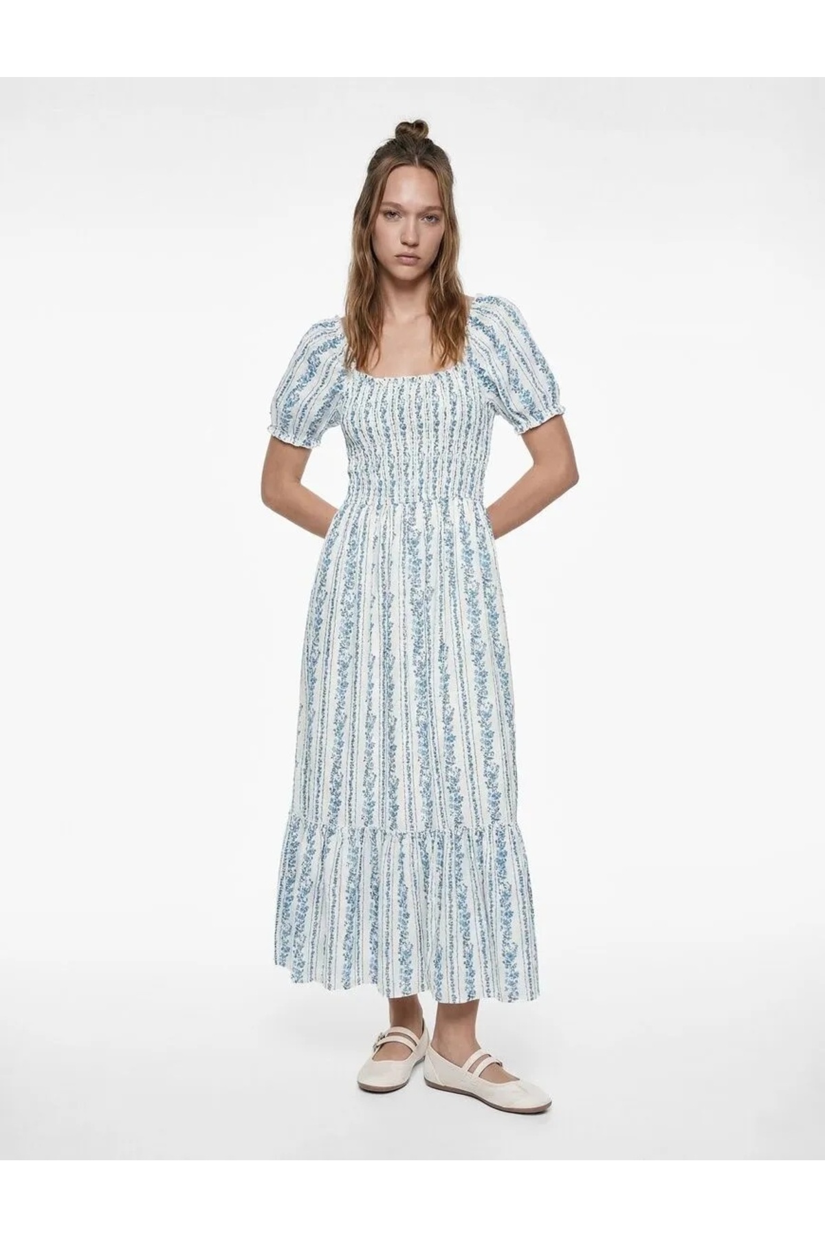 Koton Cotton Short Balloon Sleeve U-Neck Gipeli Floral Maxi Dress