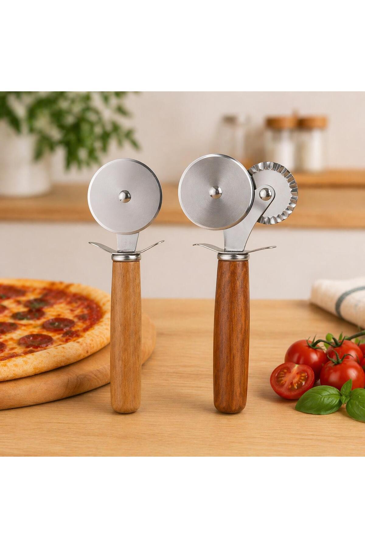 2Pcs Wood Handle Stainless Steel Pizza Dough Cutter 1Pc Single Head 1Pc Double Head Roulette Set