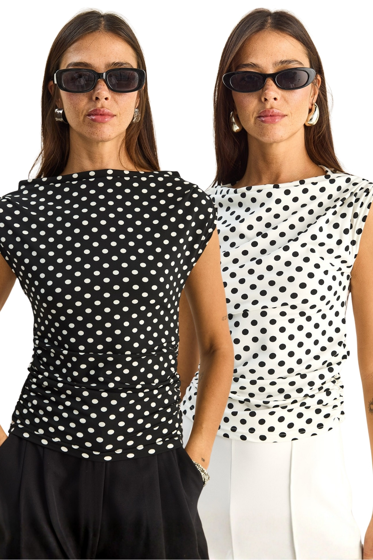 Women's Degage Collar Polka Dot Side Shirring Detailed Lycra Blouse 6157 60286128