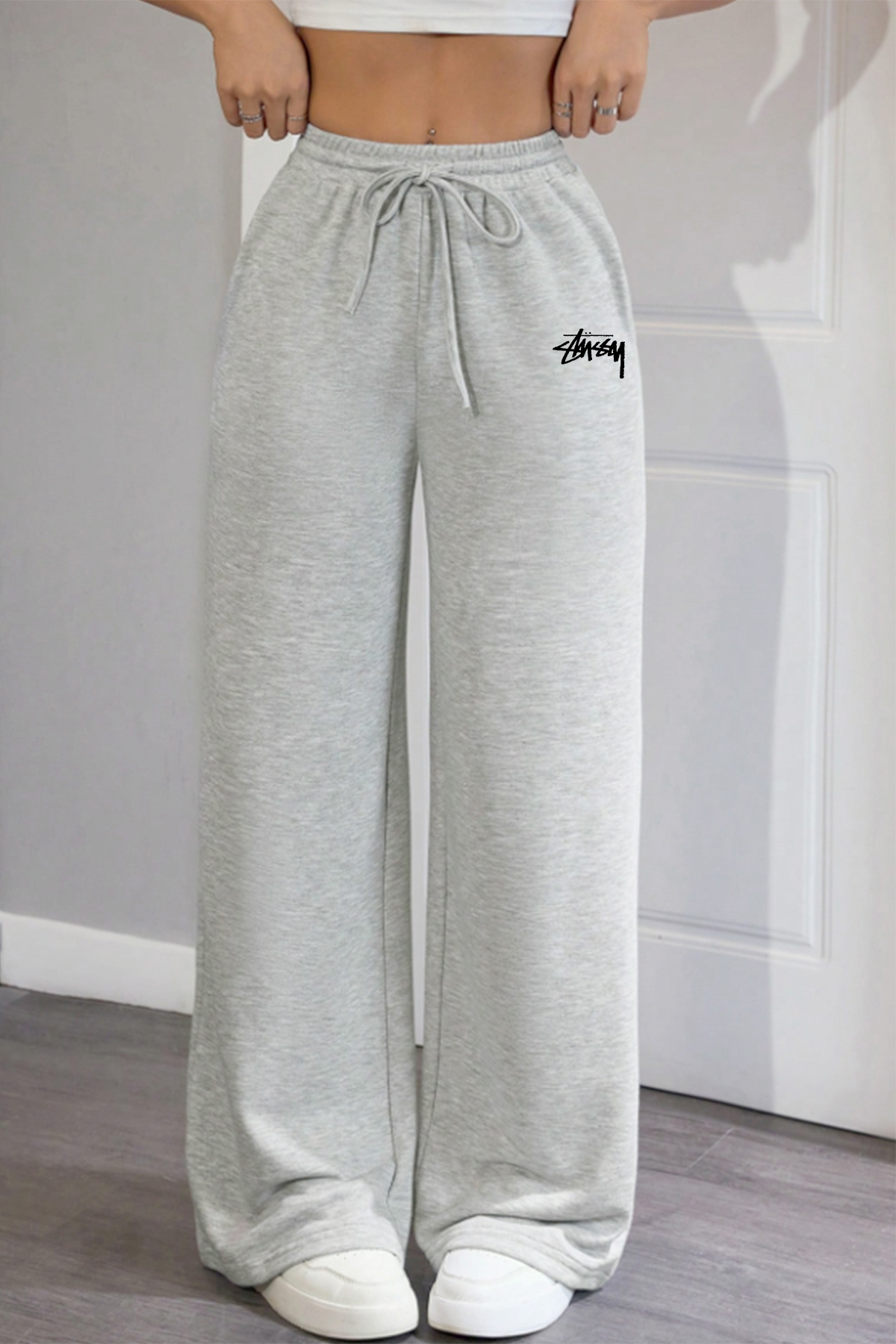 Stüssy Baskılı Gri Bol Paça Yazlık Baggy 3 İplik Esnek Rahat Eşofman Altı RF0673
