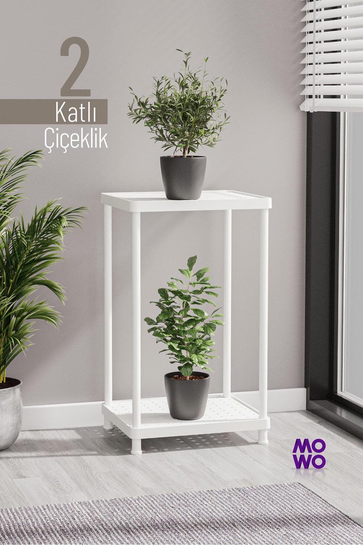 2-Tier White Flower Pot Decorative Flower Pot Stand Balcony Terrace Living Room Flower Pot Shelf 40x33 cm