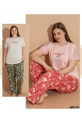 Hoppa Modam Kadın Büyük Beden Dantel Detaylı Pamuklu Çiçek Desenli Pijama Tak...