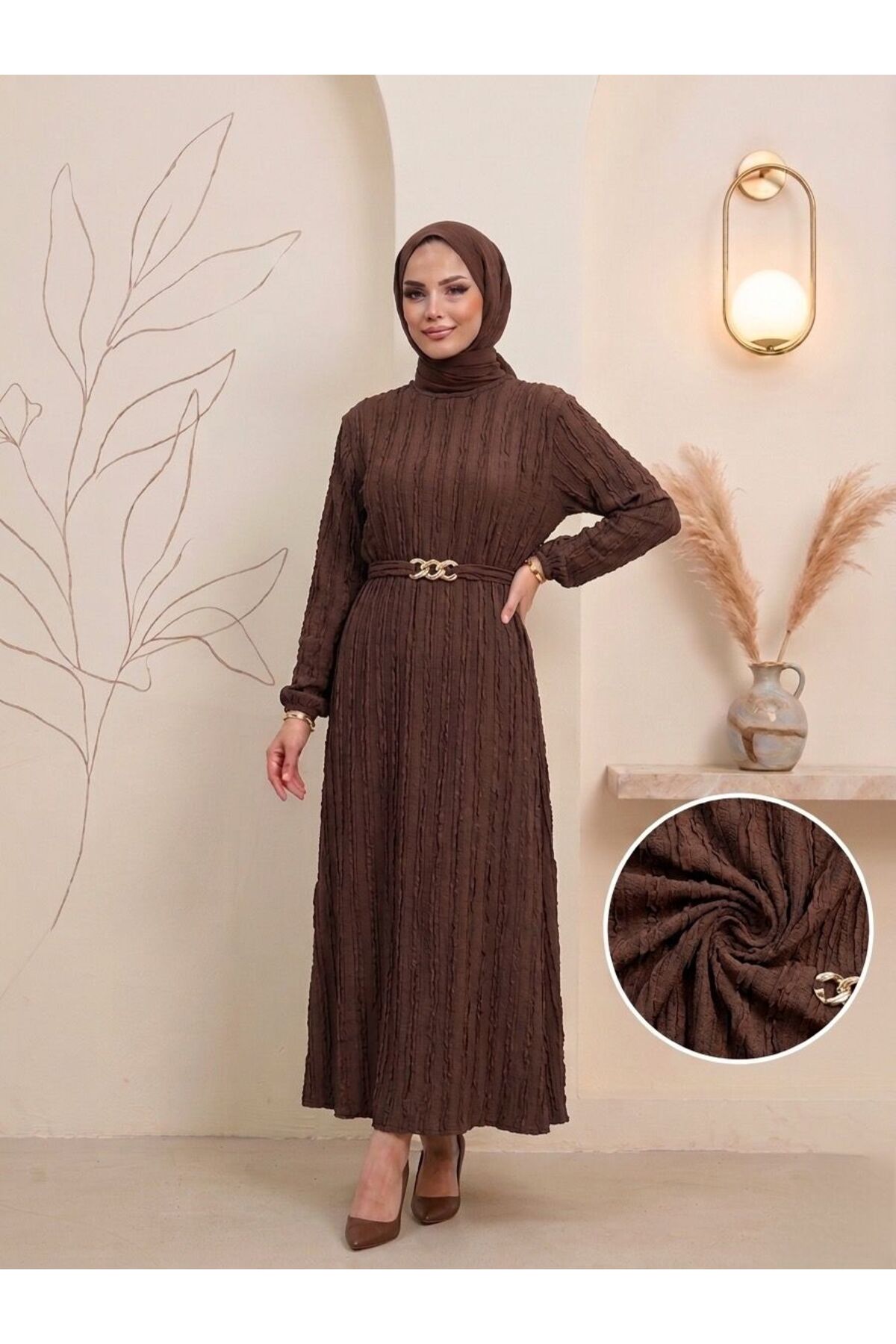 Women's Black Double Ruffle Texture Stretchy Fabric Gold Buckle Belted Long Modest Dress