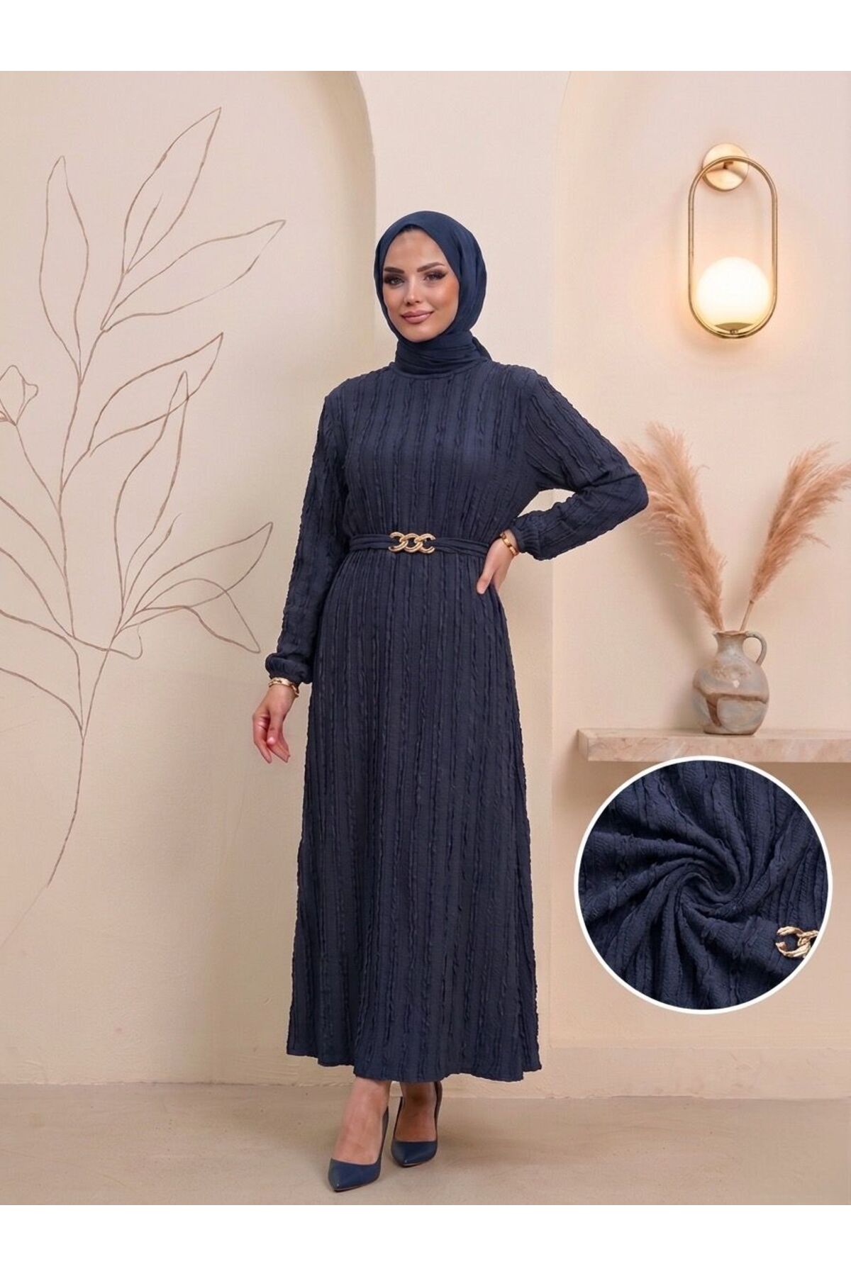 Women's Navy Blue Double Ruffle Textured Stretchy Fabric Long Modest Dress with Gold Buckle Belt