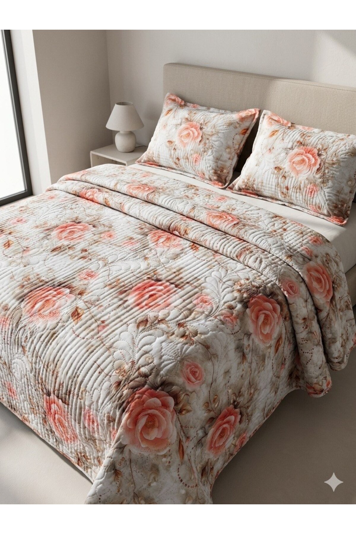 SURGUN ÇEYİZ Çift Kişilik Ultrasonik 5D Kapitoneli Yatak Örtüsü 200x240 + 2 Yastık Kılıfı 55x75