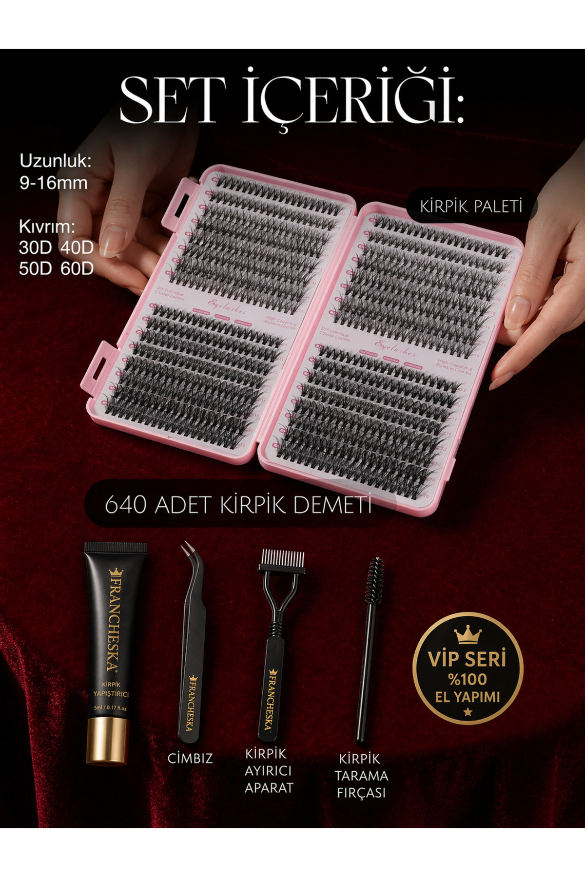 Yumuşak Kıl Takma Kirpik Seti 640 Demet | 30D 40D 50D 60D Mix | El Yapımı İpek Kirpik Demetleri + Cımbız & Uygulama Aparatları — FRNCHSKA-LUXSET1 — تصویر 3 از 9