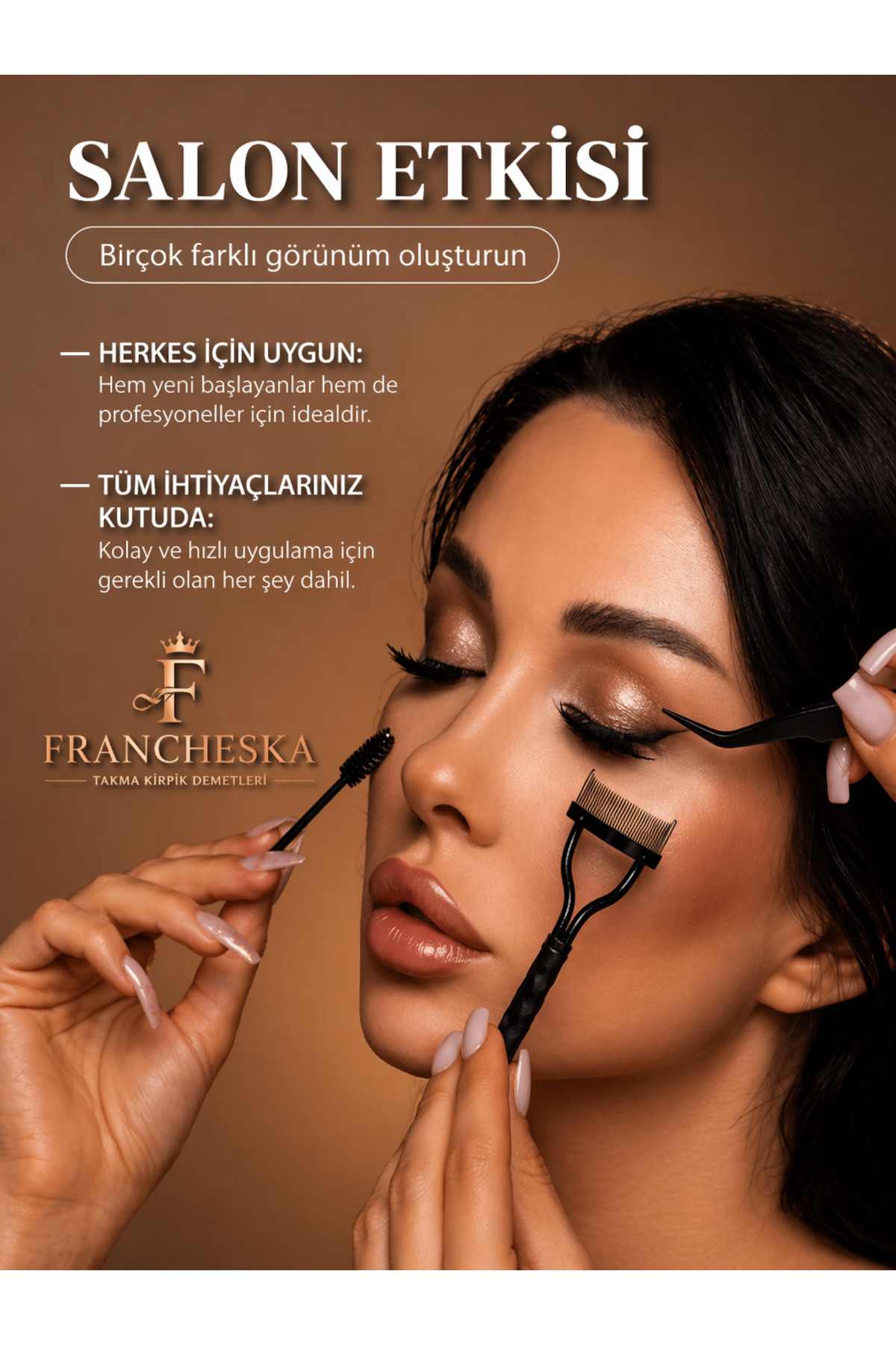 Yumuşak Kıl Takma Kirpik Seti 640 Demet | 30D 40D 50D 60D Mix | El Yapımı İpek Kirpik Demetleri + Cımbız & Uygulama Aparatları — FRNCHSKA-LUXSET1 — تصویر 5 از 9