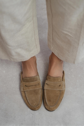 NİŞANTAŞI SHOES Harvey Rome Bej Hakiki İç-Dış Deri Süet Düz Taban Kadın Loafe...