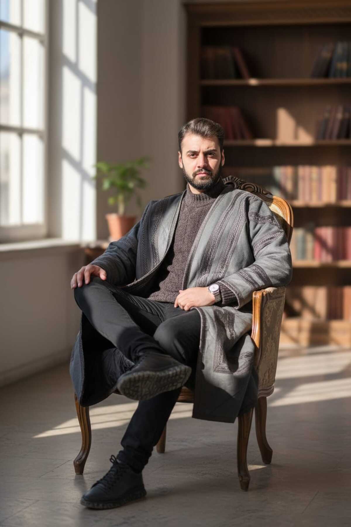 Erkek Uzun Klasik Kürk Palto Görünümlü Kışlık Dış Giyim Unisex — خاکستری erkekkürk — تصویر 3 از 7