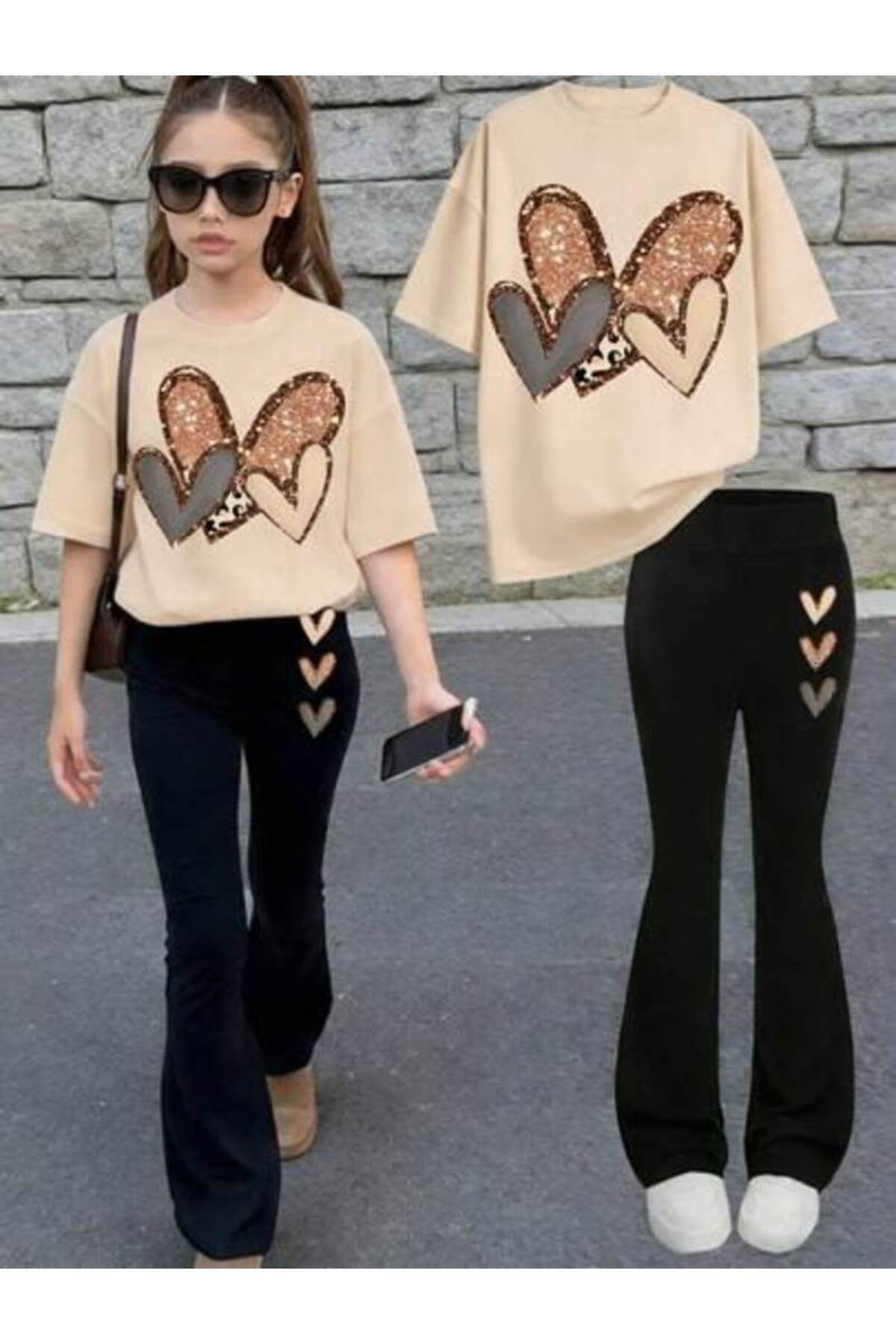 VESTIR BIEN 3-Piece Heart Printed Children's Beige Top Black Spanish Flare Su...