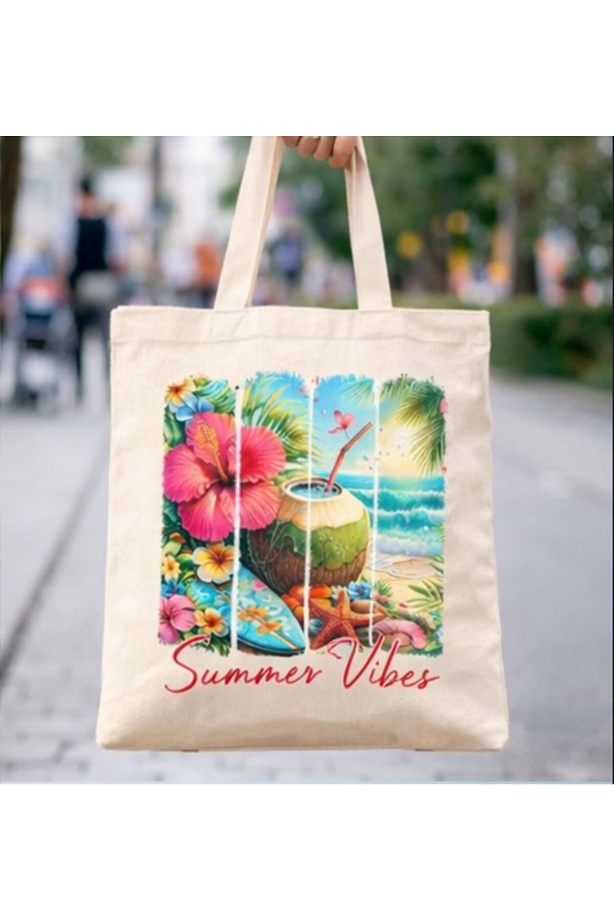 KADOREX DESIGN Vibrant Hibiscus & Coconut Patterned Summer Vibes Cloth Bag