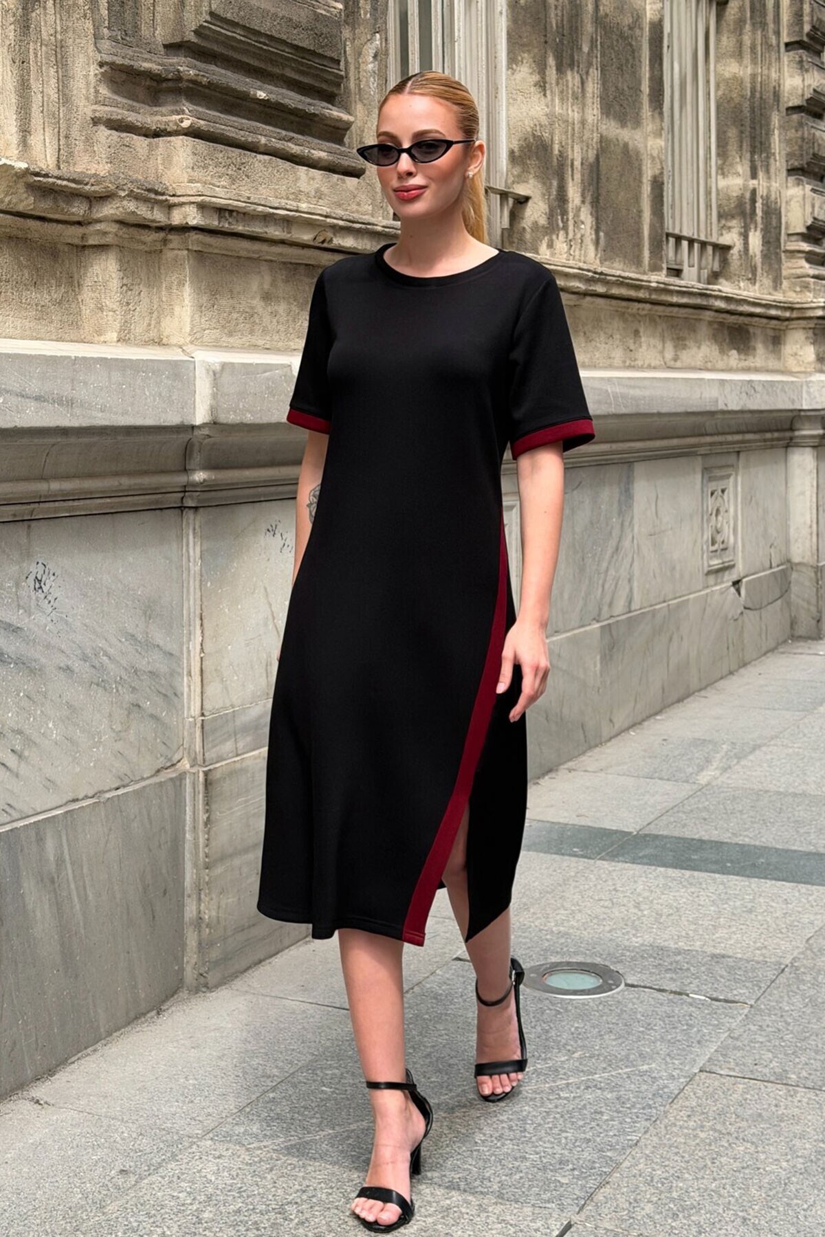 Black Striped Slit Detailed Modal Fabric Dress