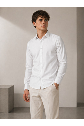 Sınwear Regular Fit Uzun Kollu Nefes Alan Terletmeyen Keten Dokulu Beyaz Erke...