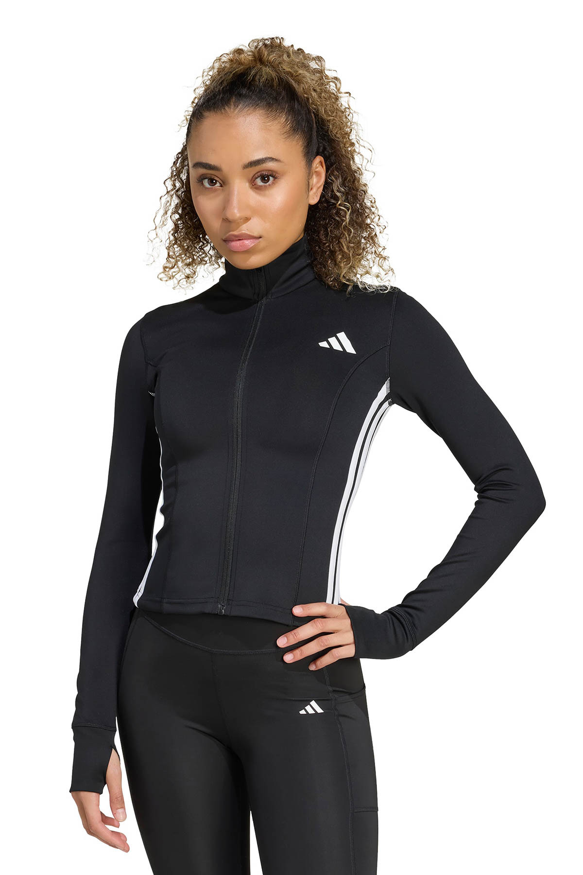 adidas WE JKT 3S BLACK/WHITE Siyah Kadın Fermuarlı Sweatshirt