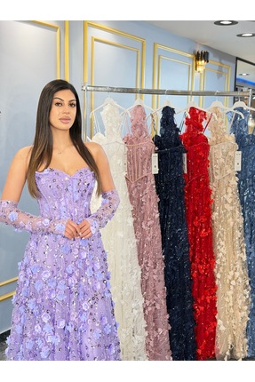 MissBetül Full Dantel Askılı Takma Kol Çiçekli Abiye Nişan Elbisesi