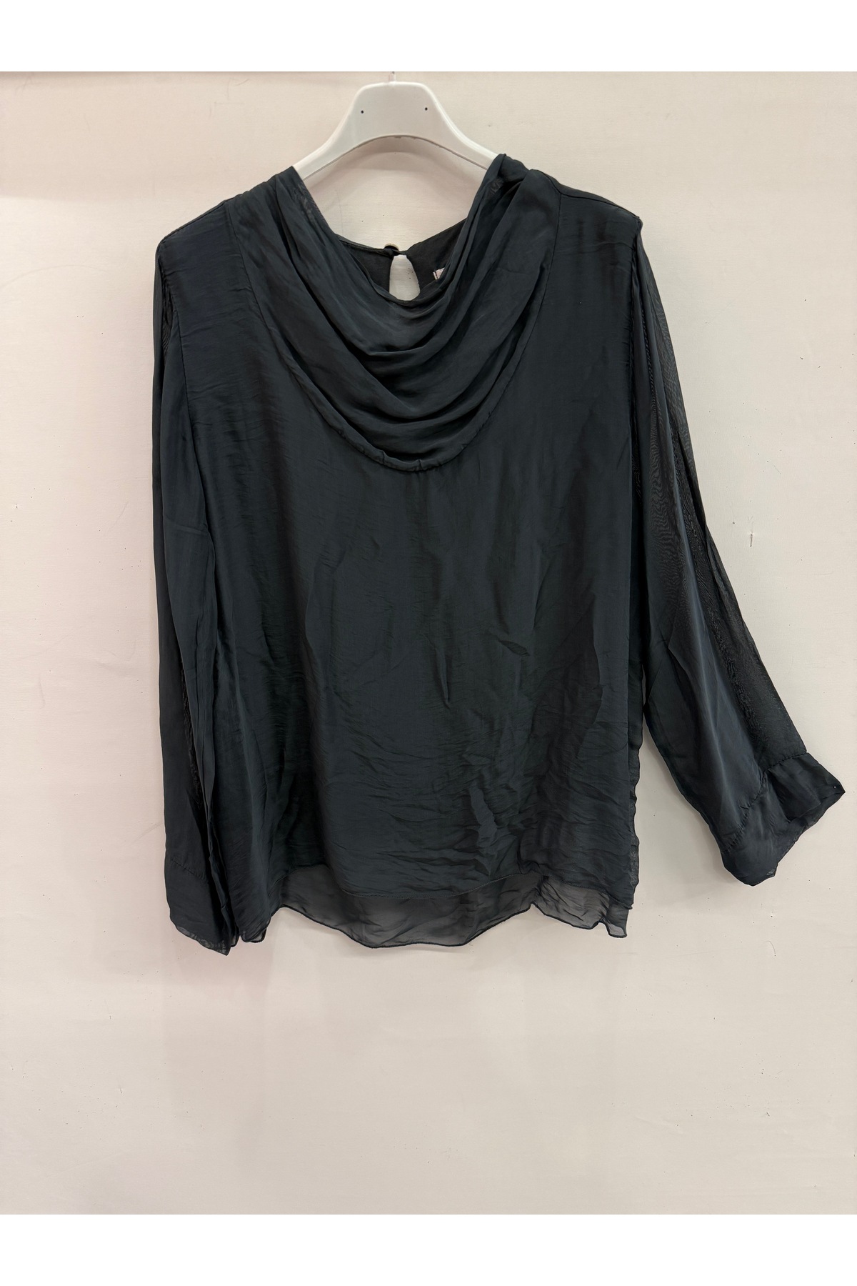 Women's Anthracite Italian Degage Neck Long Sleeve Lined Silk Blouse Size 38 - 42