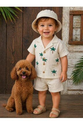P&H BABYWEAR Palmiye Desenli Safari Şapkalı Düğmeli Şortlu Müslin Yazlık Erke...