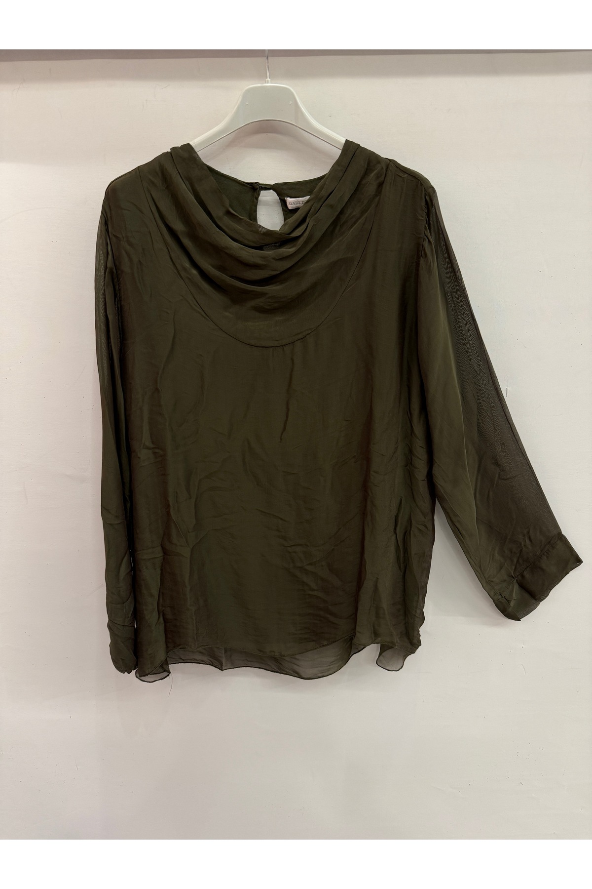 Women's Dark Khaki Italian Degage Neck Long Sleeve Lined Silk Blouse Size 38 - 42