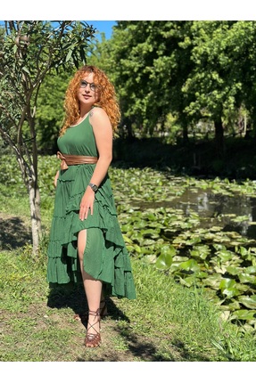 SHOBHA BUTİK ASKILI UZUN KAT ETEK ELBİSE