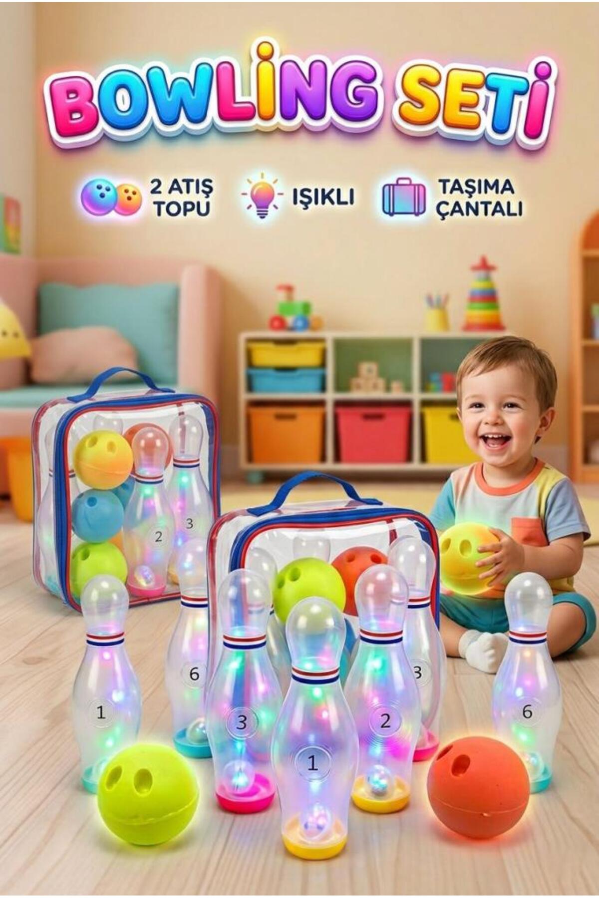 8-Piece Transparent Light and Sound 6-Piece Toy Bowling Set with Labut and 2 Bulk Carrying Bags