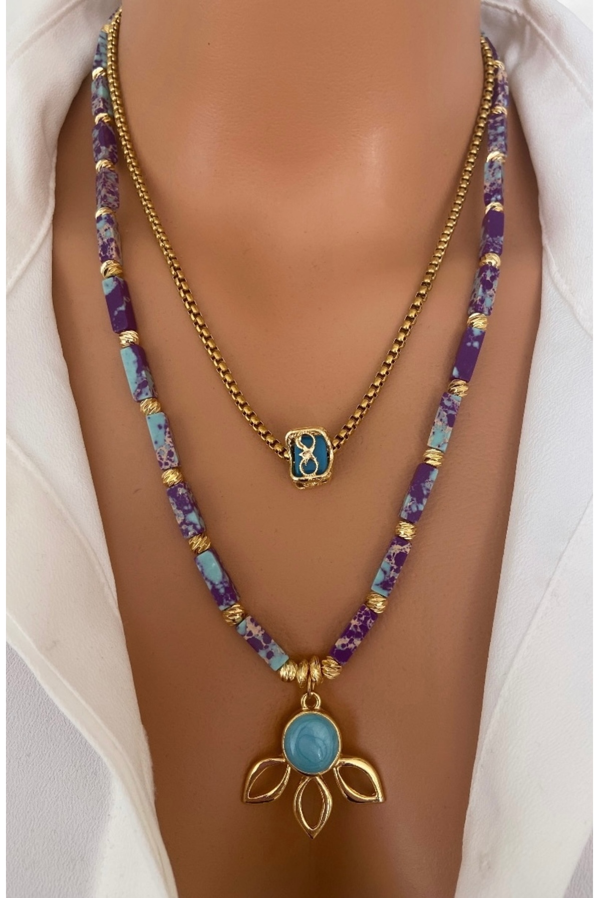 NATURAL STONE 2-piece NECKLACE Purple Variegated Varicose stone Steel Chain DOUBLE Women Necklace in Gift Box