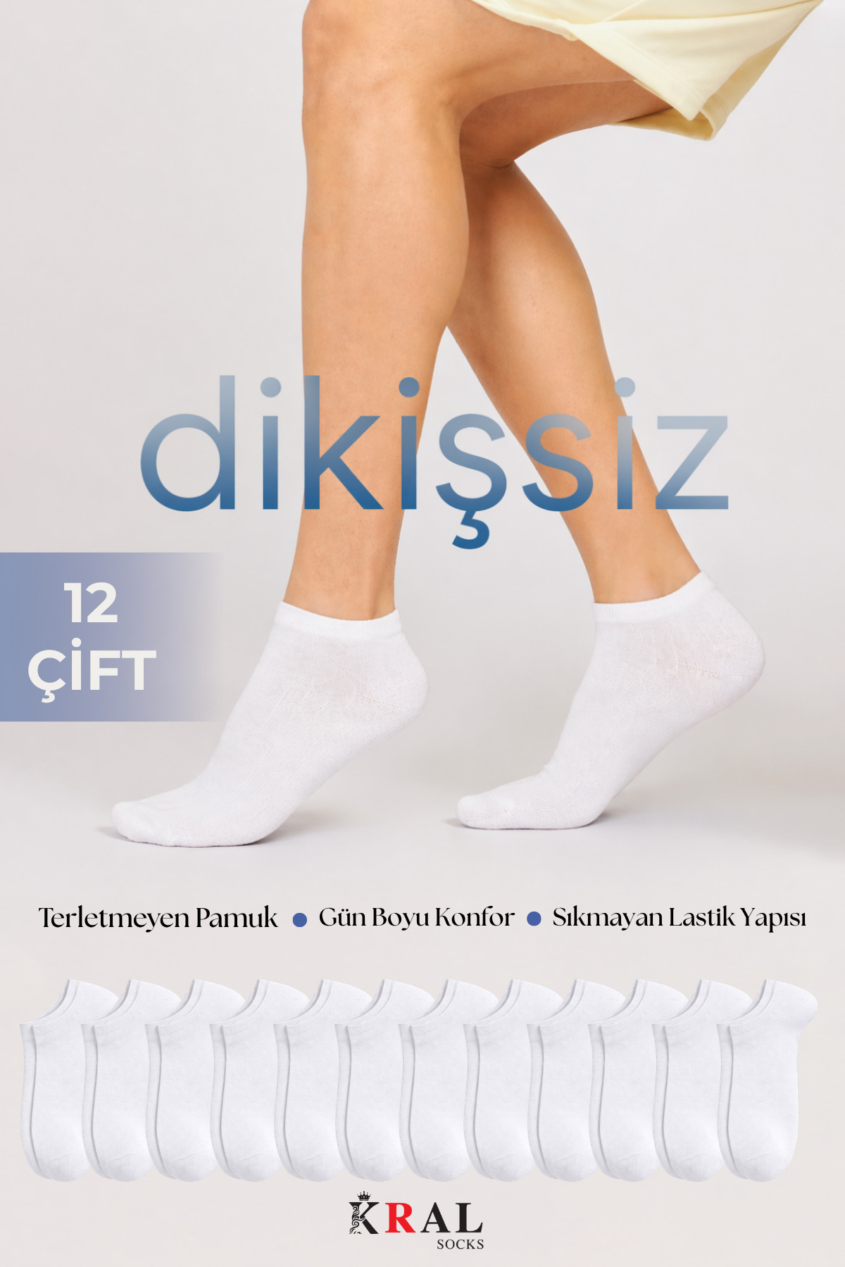 KRAL SOCKS 12 ζευγάρια unisex βαμβακερές κάλτσες χωρίς ραφές μέχρι τον αστράγαλο