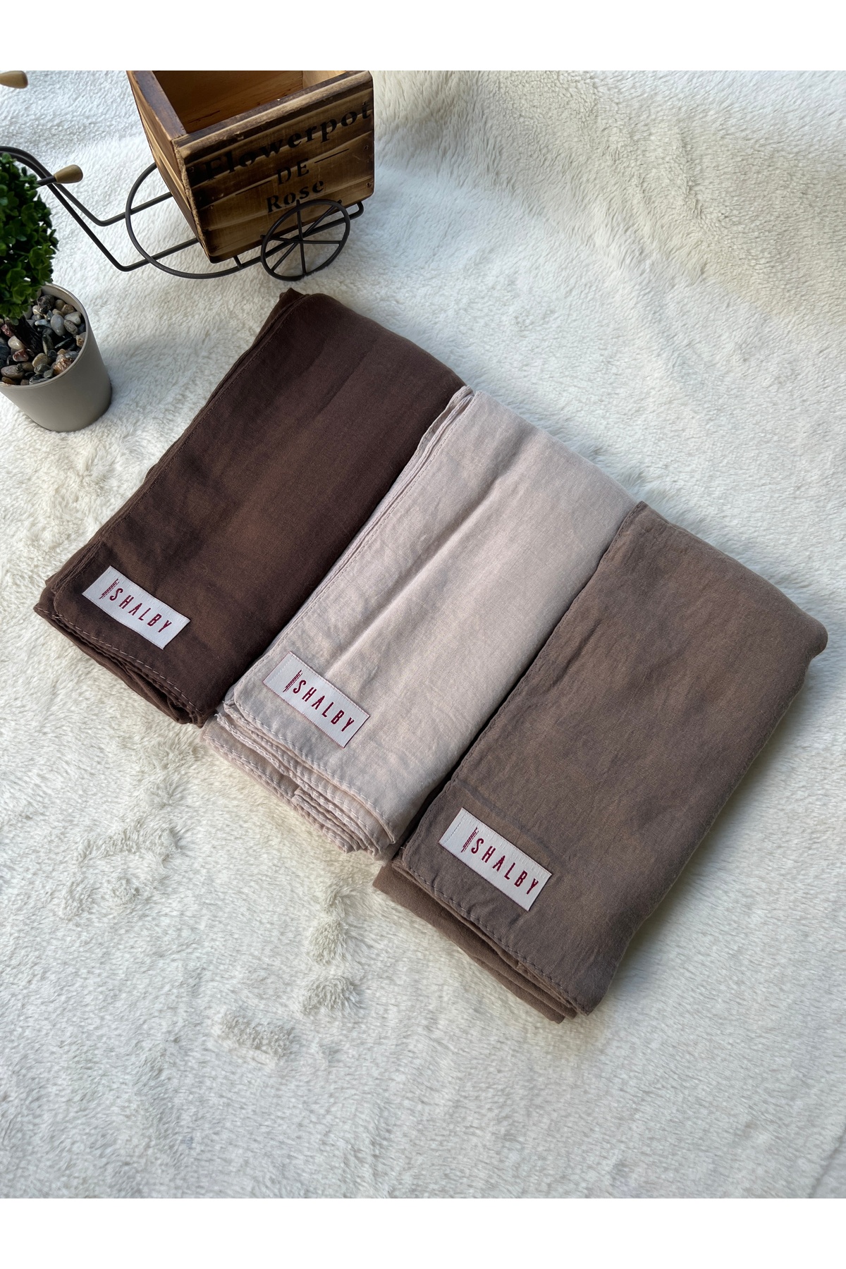 Hijab Plain Cotton Crash Shawl 3-Piece Set ( Cappuccinno - Light Mink - Brown Coffee )