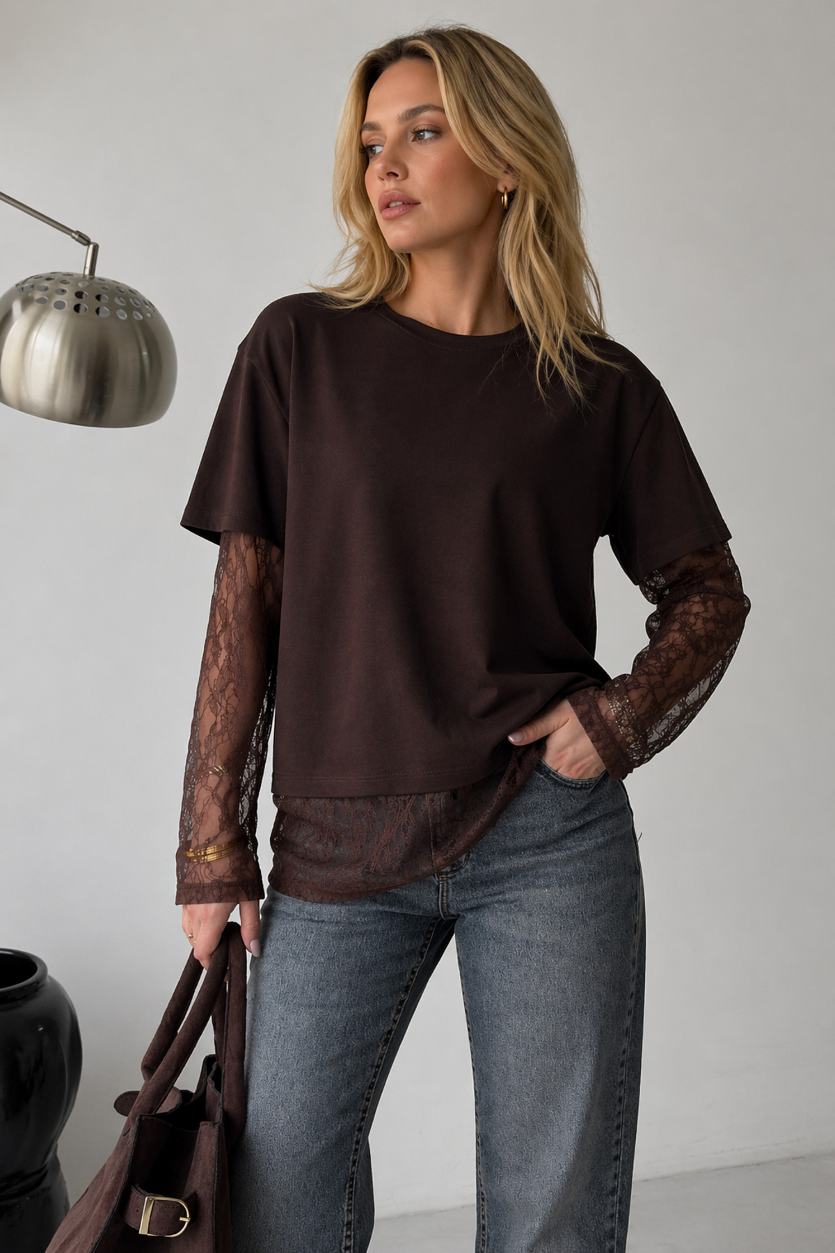İLKCET MODA Lace Detail Brown Modal Fabric Women's T-Shirt