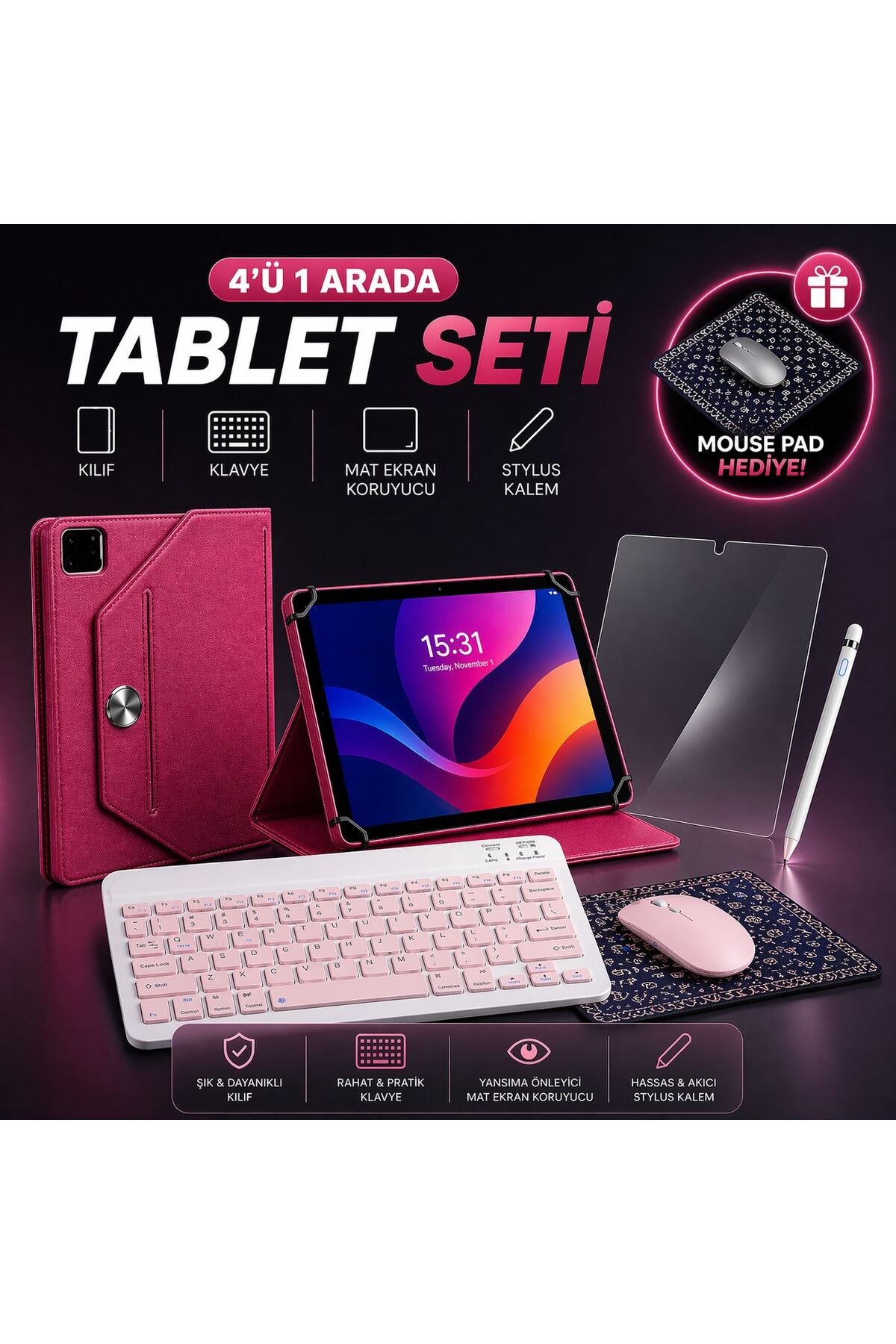Nomker Casper VIA S40 Uyumlu 4'lü Tablet Seti Klavye + Kılıf +