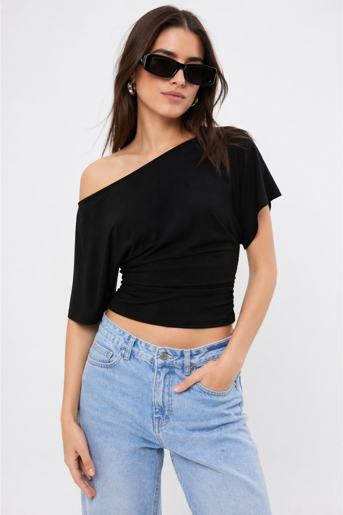 Asymmetrical Waist Fit 97% Cotton Bat Sleeve Waist Fit Blouse T-Shirt