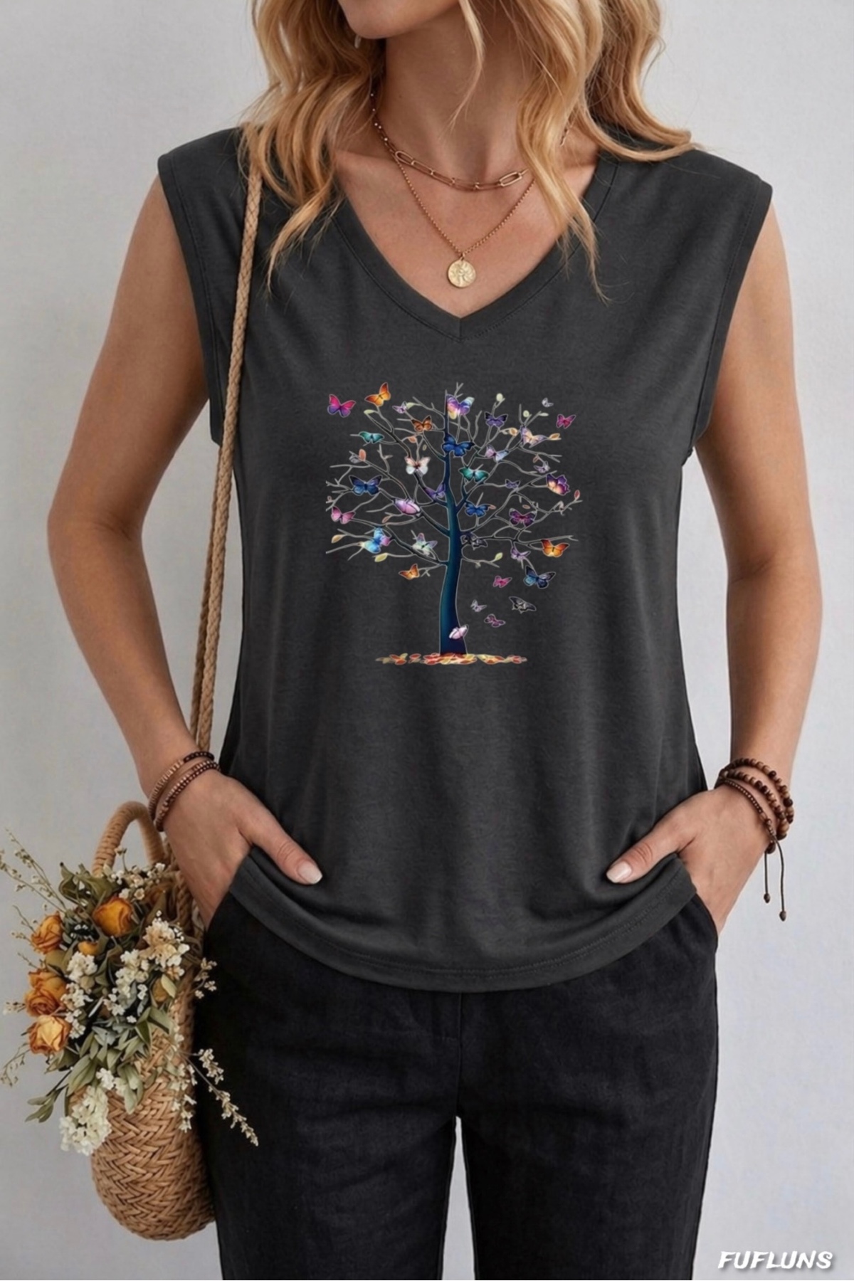 FUFLUNS KELEBEKLİ AĞAÇ BASKILI KADIN OVERSİZE KOLSUZ T-SHIRT