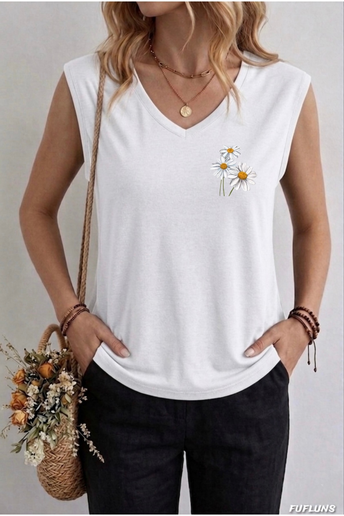 FUFLUNS  PAPATYA BASKILI KADIN OVERSİZE KOLSUZ T-SHIRT