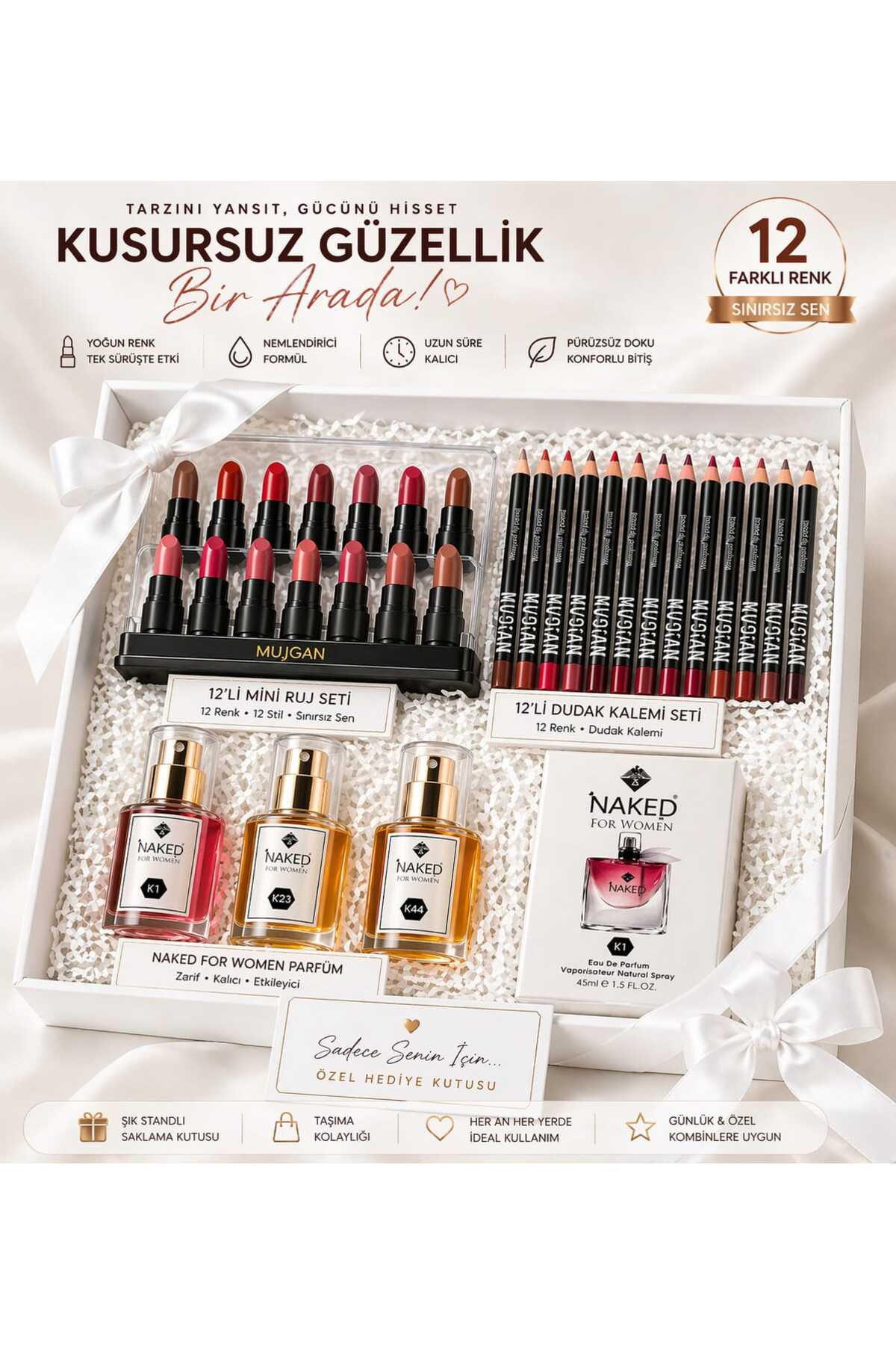 RUMİLY Kadın Kozmetik Hediye Seti Ruj Dudak Kalemi Parfüm