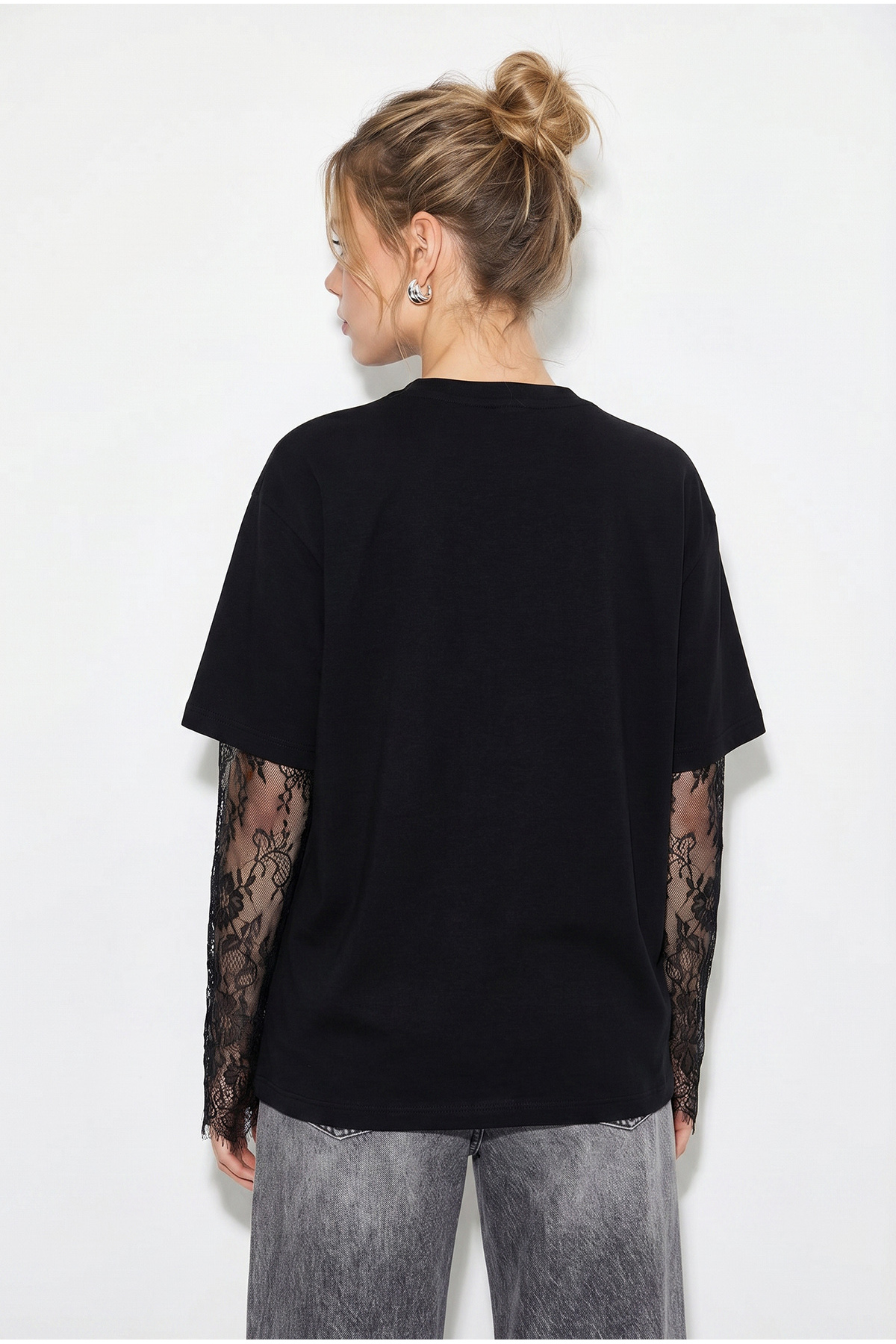 Bianco Lucci Kadın Siyah Bisiklet Yaka Dantel Kollu Oversize Pamuklu T-Shirt 1049 60286075 görsel 5