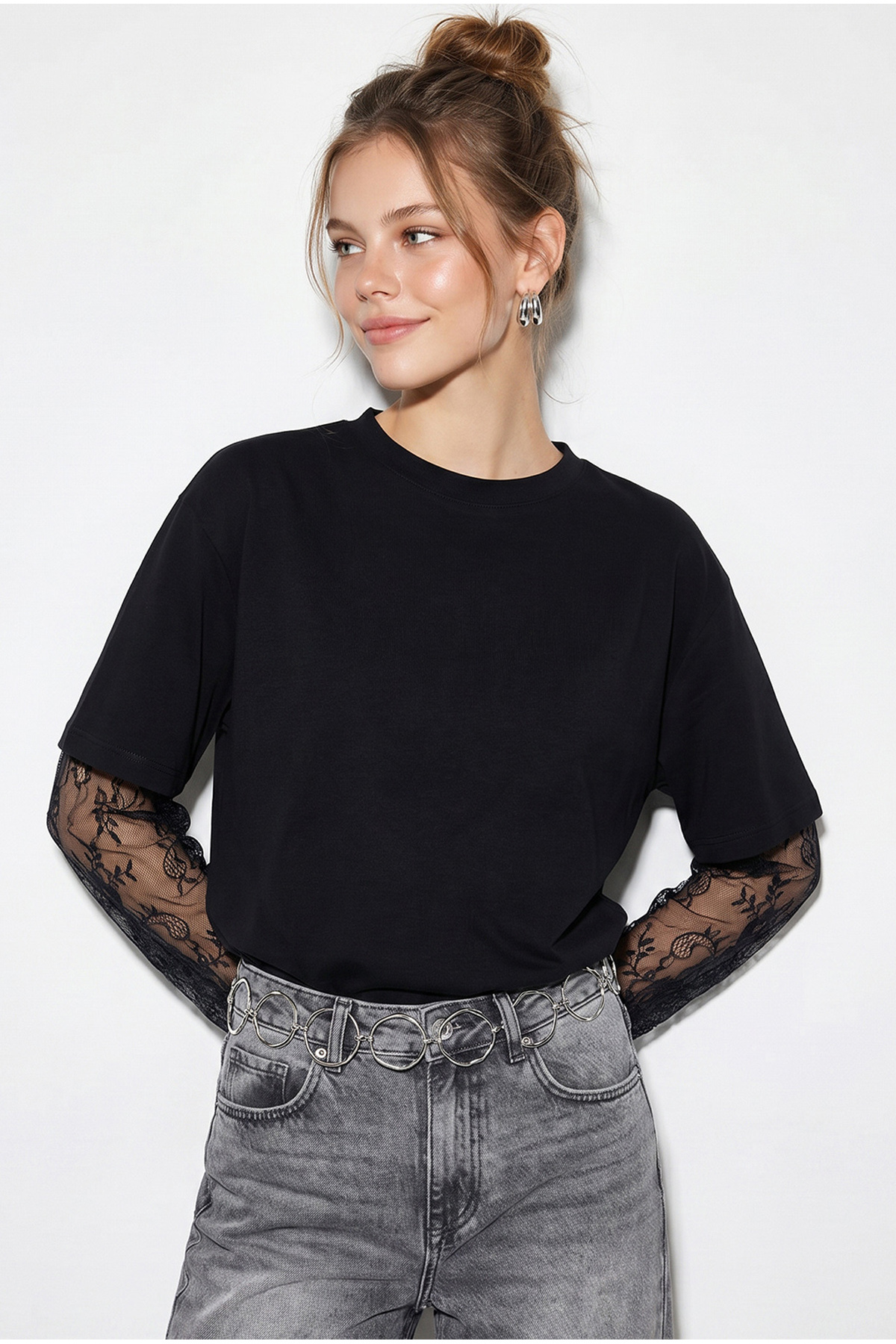 Bianco Lucci Kadın Siyah Bisiklet Yaka Dantel Kollu Oversize Pamuklu T-Shirt 1049 60286075 görsel 2