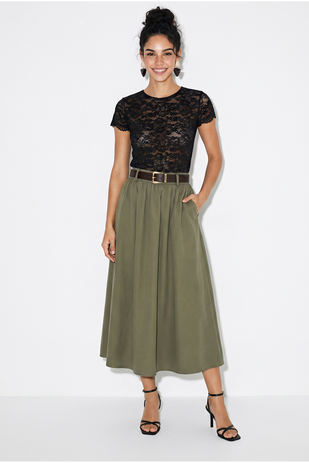 Women's Belt Detailed Flared Cut Modal Long Skirt 7245 60286107