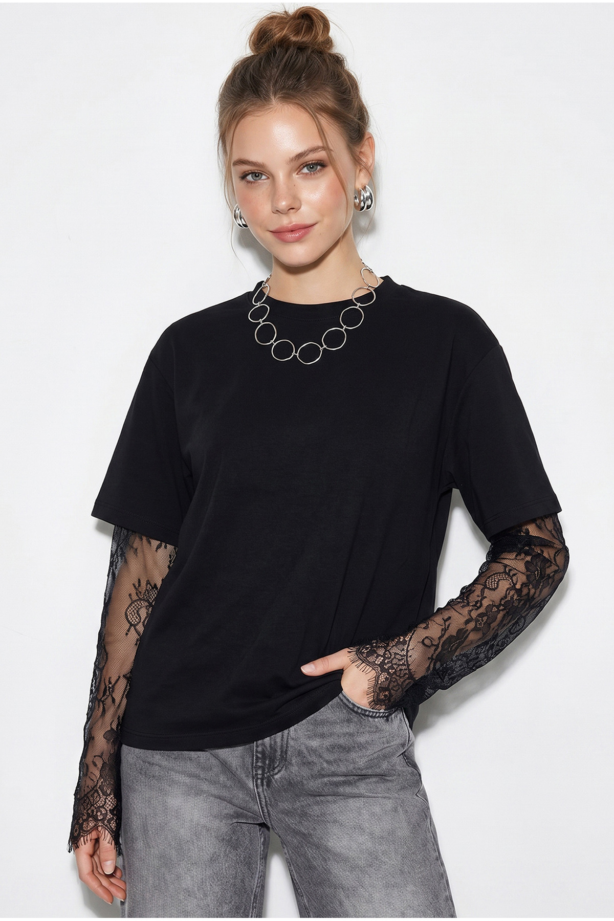 Bianco Lucci Kadın Siyah Bisiklet Yaka Dantel Kollu Oversize Pamuklu T-Shirt 1049 60286075 görsel 4